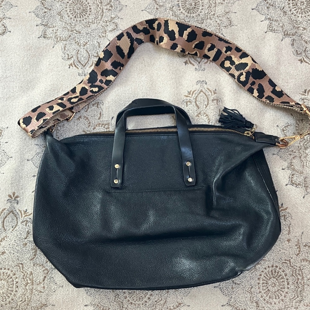 Leather double handle satchel with leopard crossbody strap